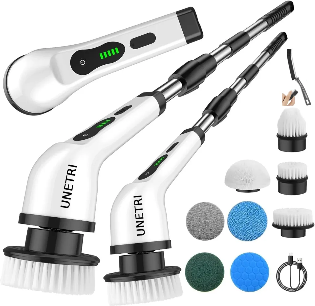 UNETRI 9in1 Electric Spin Scrubber 300RPM, 9 Brushes, 90Min Use for Home & Bathroom Microfibre Wet and Dry Brush (White)